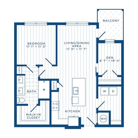 Floor plan for 1 bed, 1 bath, 843 sqft